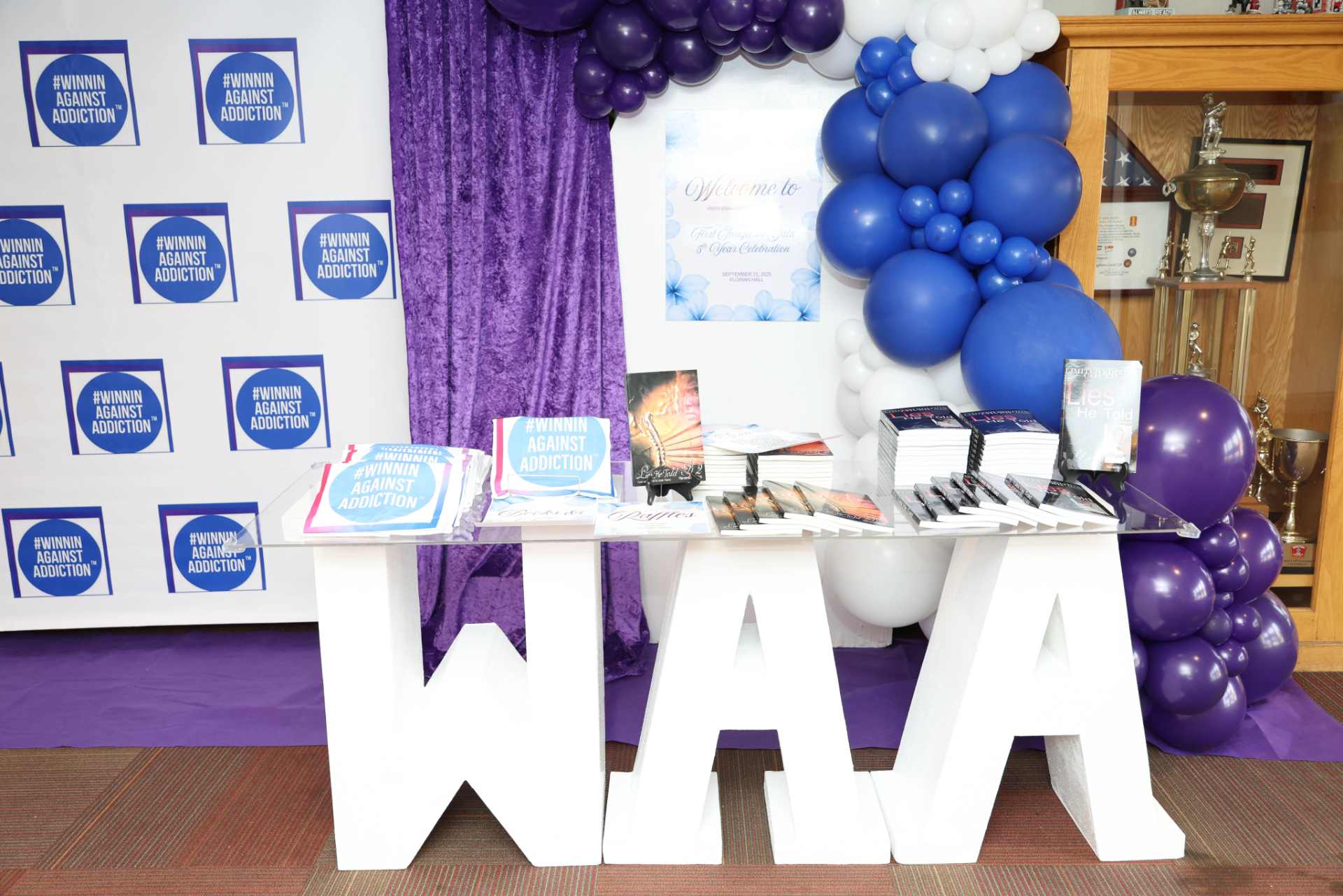 2025 Winnin Against Addiction display table with decorations at annual gala