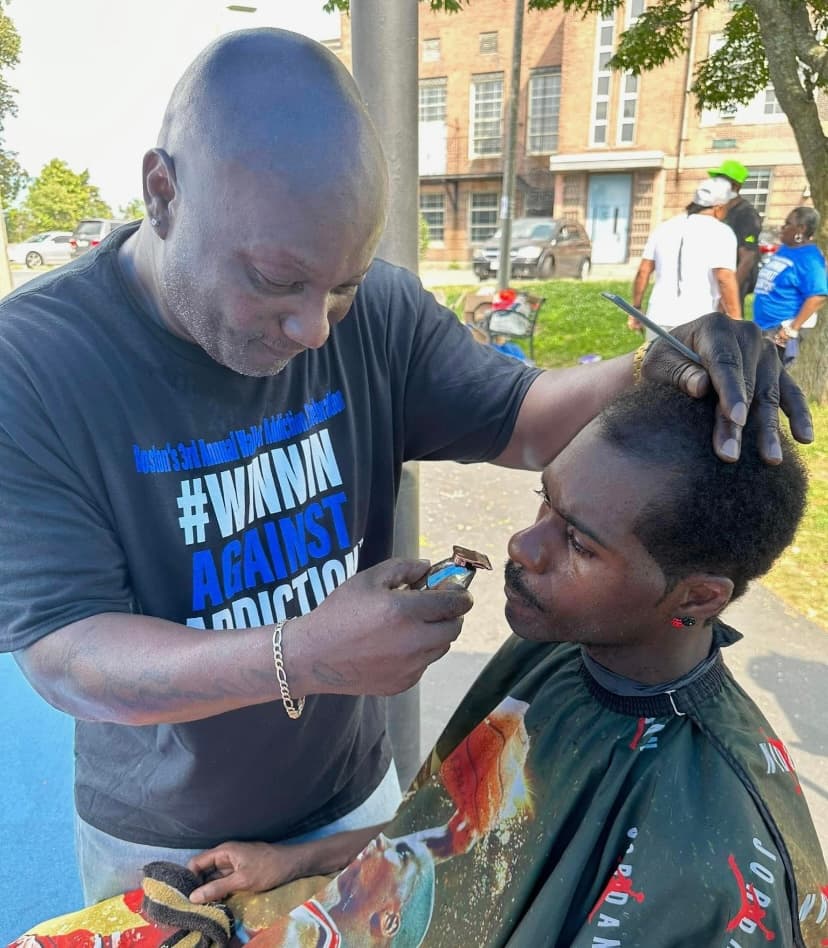 2022 community service barber at Winnin Against Addiction walk event supporting Boston recovery