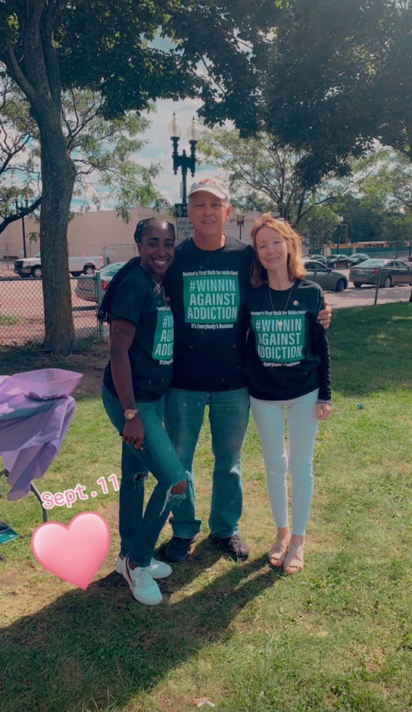 2021 September First Annual Walk Boston park gathering with participants in green Winnin Against Addiction shirts