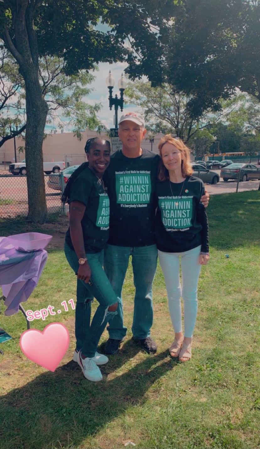 2021 September First Annual Walk Boston park gathering with participants in green Winnin Against Addiction shirts